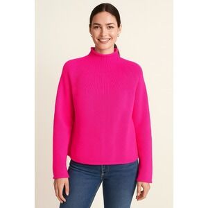 J. Crew Women's Sweater Medium‎ Neon Pink Ribbed Roll Neck Pullover Knit